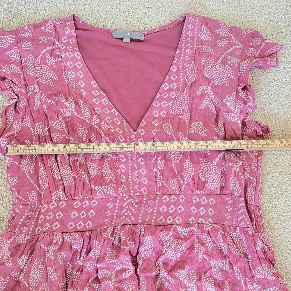J Gee Tiered Ruffle Maxi Dress Womens 1X Pink Block Print Smocked Gypsy Boho - Picture 6 of 10